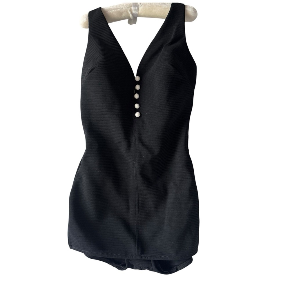 Vintage 60s Cole of California Black Pinup Swimsuit Ribbed Button Front Size 14